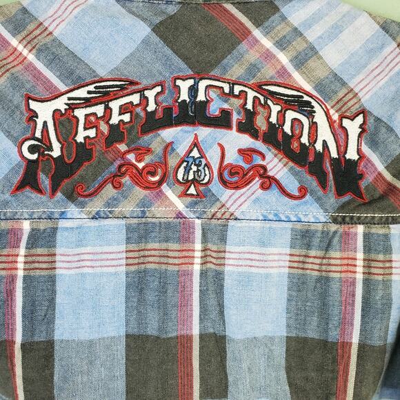 Affliction Blue Plaid Western Pearl Snap Embroidered Shirt Size Medium - Picture 4 of 8